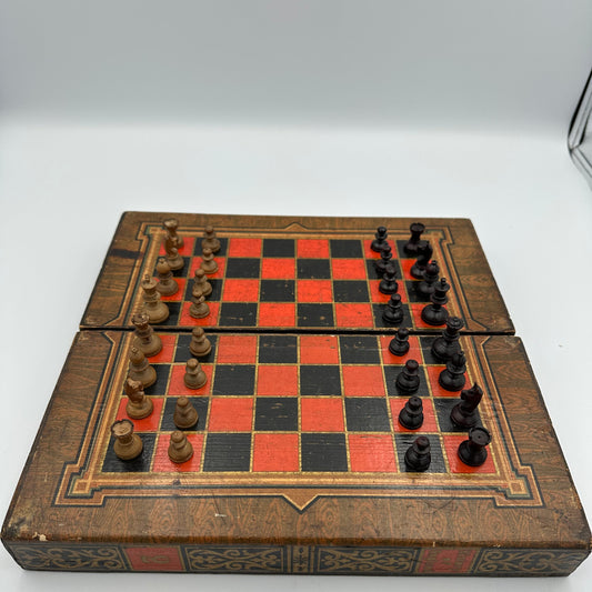 Antique History of England folding chess board with miniature pieces
