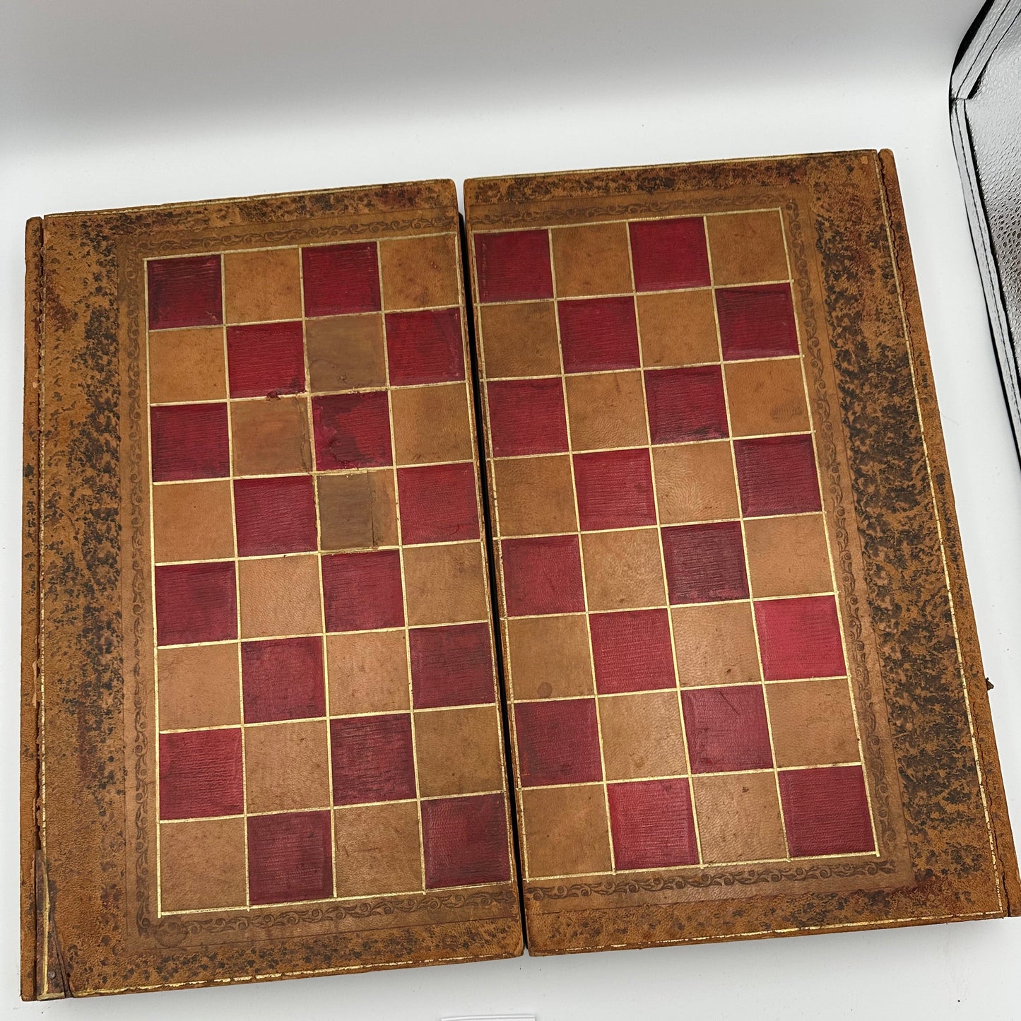 Antique c1850 English Games folding chessboard and backgammon game board