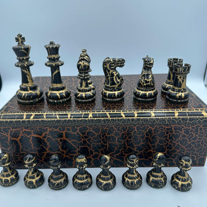 Staunton style chess pieces with bronze and gold crackle paint effect and matching box