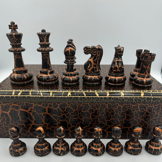 Staunton style chess pieces with bronze and gold crackle paint effect and matching box