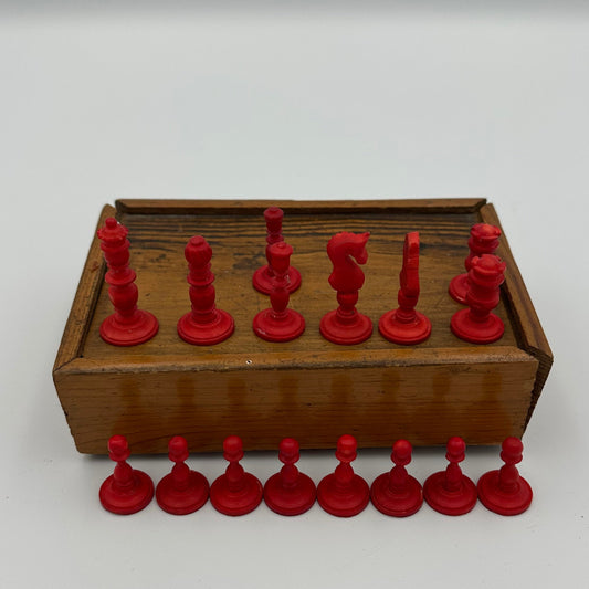 19th century miniature red and cream bone travel chess set