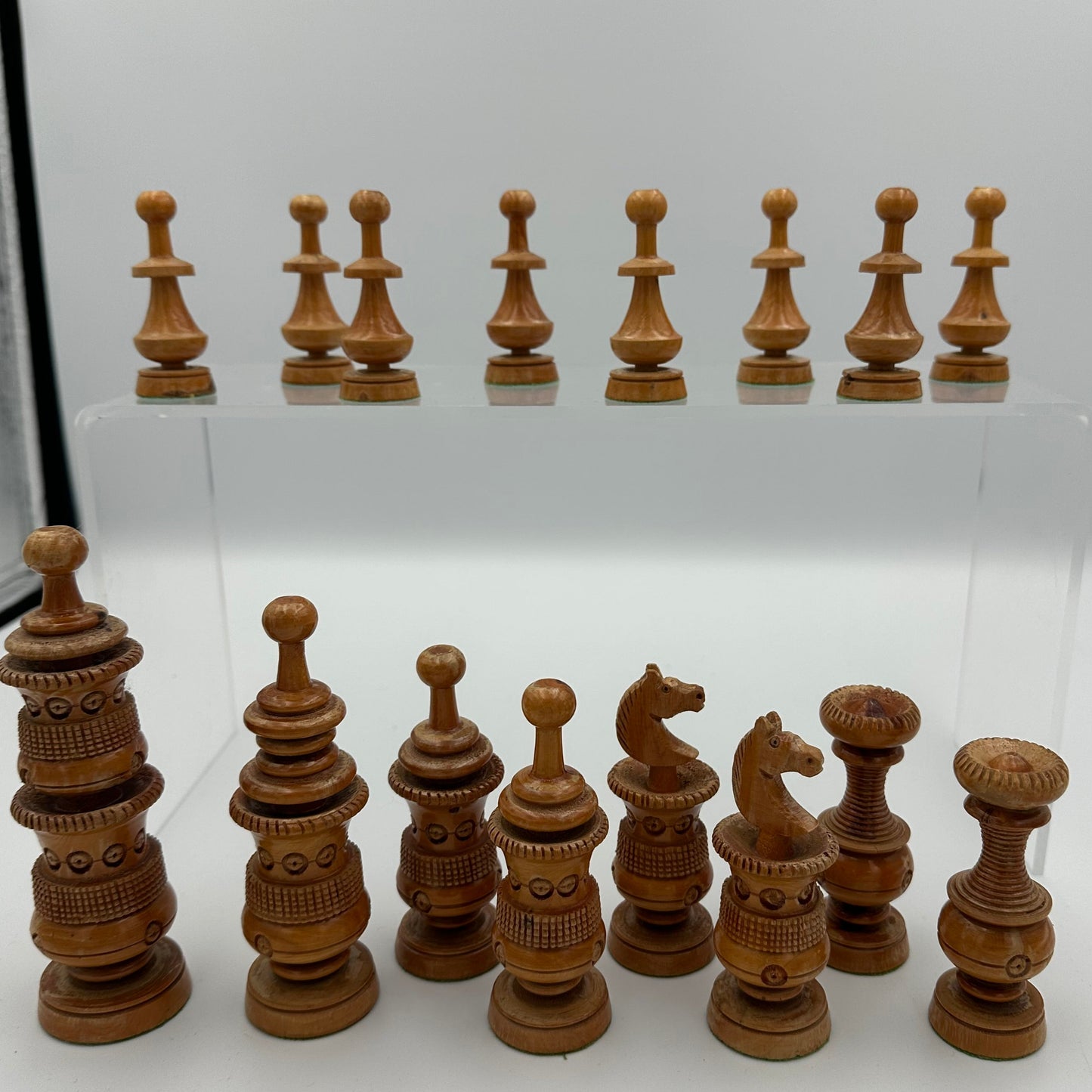Large 1950s Persian hand carved wooden chess set