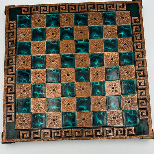 Marinakis vintage chess board with copper and blue squares