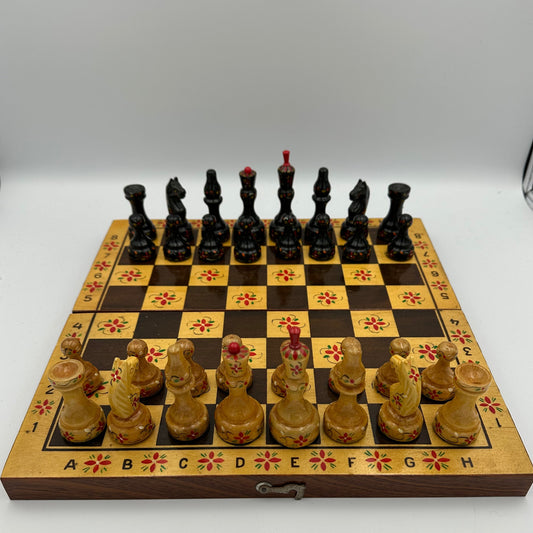 1970s Soviet-era hand-painted chess set and folding board