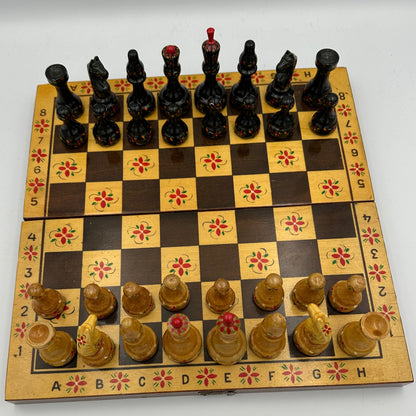 1970s Soviet-era hand-painted chess set and folding board