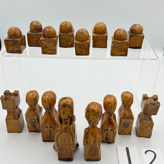 Unique handmade glazed ceramic chess set - possibly 1970s