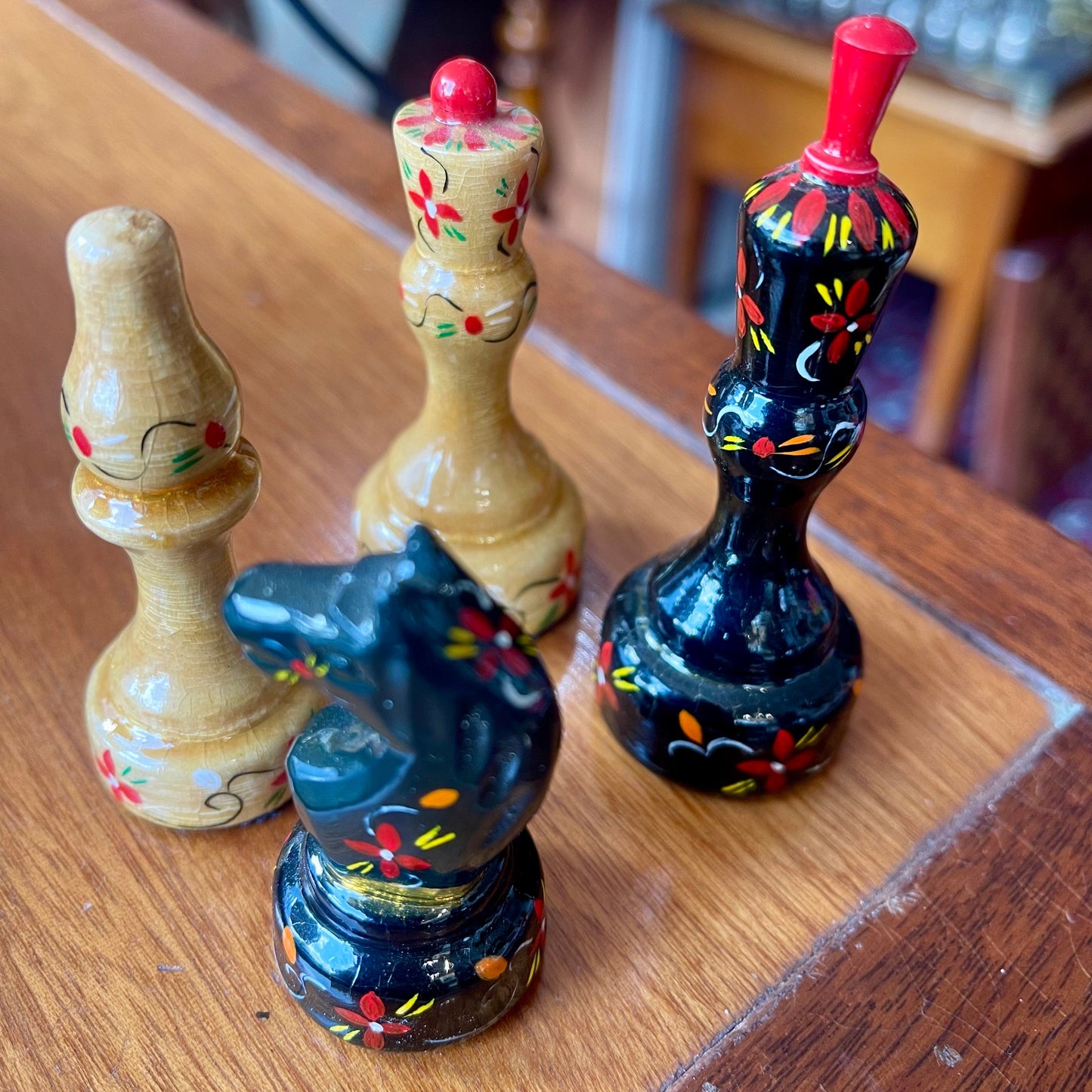 1970s Soviet-era hand-painted chess set and folding board