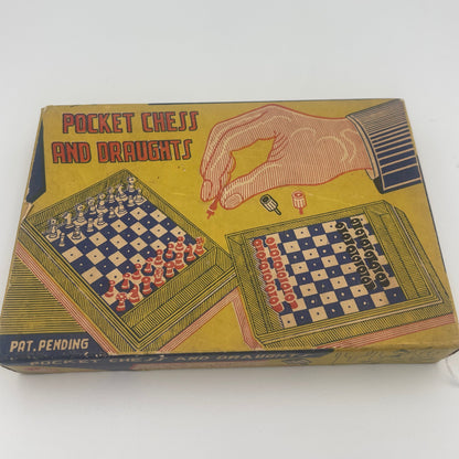 Vintage pocket chess and draughts set in original packaging