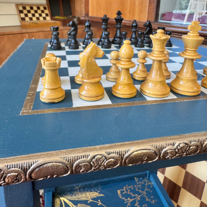 Bespoke hand painted regency style table with chess board top and gold leaf accent shelf