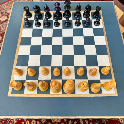 Bespoke hand painted regency style table with chess board top and gold leaf accent shelf
