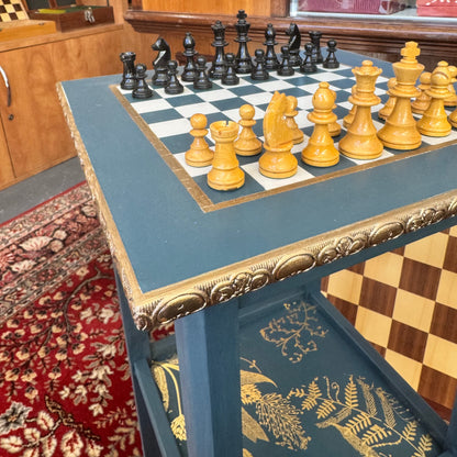Bespoke hand painted regency style table with chess board top and gold leaf accent shelf