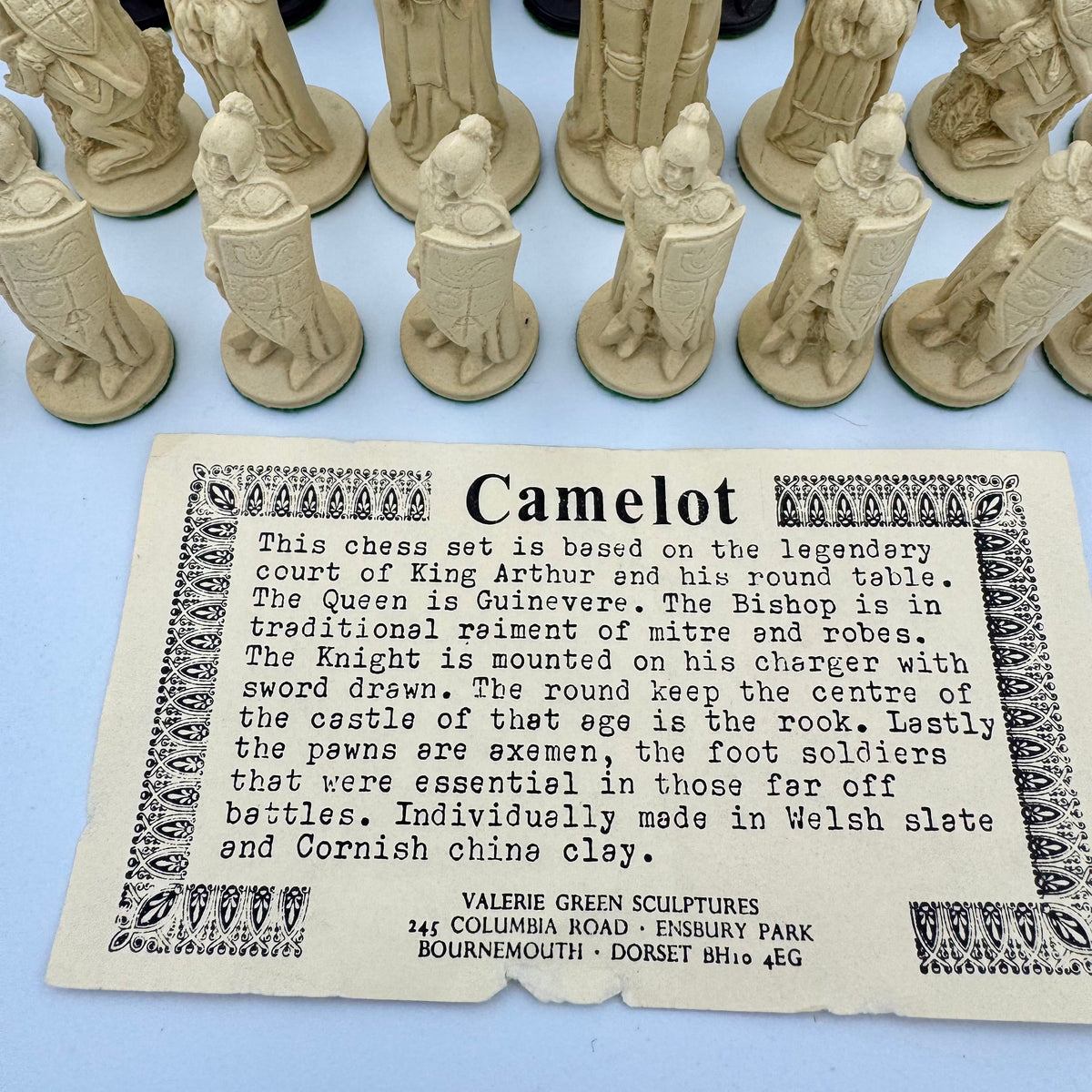 Camelot chess pieces hand carved from Cornish clay and Welsh slate