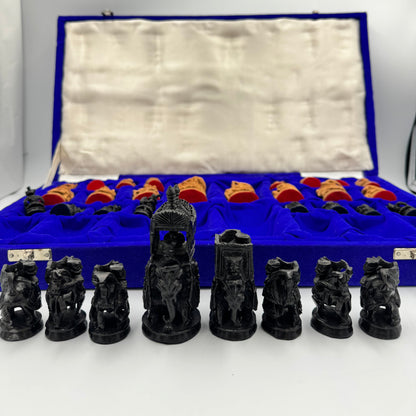 Intricately hand carved Indian sandalwood and ebonised figural "Howdah" chess set circa 1950s-1970s