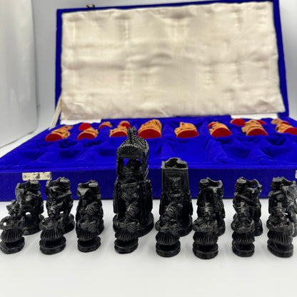 Intricately hand carved Indian sandalwood and ebonised figural "Howdah" chess set circa 1950s-1970s